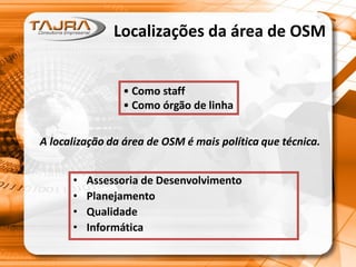 Localizações da área de OSM
• Assessoria de Desenvolvimento
• Planejamento
• Qualidade
• Informática
• Como staff
• Como órgão de linha
A localização da área de OSM é mais política que técnica.
 