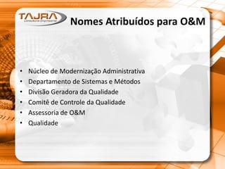 Nomes Atribuídos para O&M
• Núcleo de Modernização Administrativa
• Departamento de Sistemas e Métodos
• Divisão Geradora da Qualidade
• Comitê de Controle da Qualidade
• Assessoria de O&M
• Qualidade
 