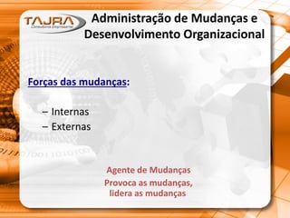 Administração de Mudanças e
Desenvolvimento Organizacional
Forças das mudanças:
– Internas
– Externas
Agente de Mudanças
Provoca as mudanças,
lidera as mudanças
 