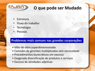 O que pode ser Mudado
• Estrutura
• Fluxo do trabalho
• Tecnologia
• Pessoas
Problemas mais comuns nas grandes corporações
• Mão-de-obra superdimensionada
• Camadas de gerentes multiplicadas sem necessidade
• Procedimentos burocráticos em excesso
• Exagerada diversificação de produtos e serviços
• Excesso de atividades adjetivas
 