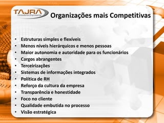 Organizações mais Competitivas
• Estruturas simples e flexíveis
• Menos níveis hierárquicos e menos pessoas
• Maior autonomia e autoridade para os funcionários
• Cargos abrangentes
• Terceirizações
• Sistemas de informações integrados
• Política de RH
• Reforço da cultura da empresa
• Transparência e honestidade
• Foco no cliente
• Qualidade embutida no processo
• Visão estratégica
 