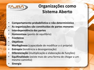 Organizações como
Sistema Aberto
• Comportamento probabilístico e não-determinístico
• As organizações são constituídas de partes menores
• Interdependência das partes
• Homeostase (ponto de equilíbrio)
• Fronteiras
• Objetivos
• Morfogênese (capacidade de modificar a si próprio)
• Entropia (tendência a desorganização)
• Diferenciação (multiplicação e elaboração de funções)
• Equifinalidade (existe mais de uma forma de chegar a um
mesmo caminho)
• Sinergia
 