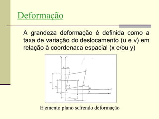 Deformação
 A grandeza deformação é definida como a
 taxa de variação do deslocamento (u e v) em
 relação à coordenada espacial (x e/ou y)




      Elemento plano sofrendo deformação
 