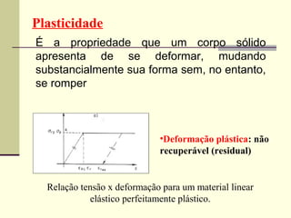 Plasticidade
É a propriedade que um corpo sólido
apresenta de se deformar, mudando
substancialmente sua forma sem, no entanto,
se romper



                             •Deformação plástica: não
                             recuperável (residual)


  Relação tensão x deformação para um material linear
            elástico perfeitamente plástico.
 