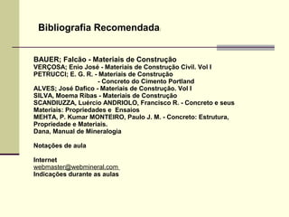 Bibliografia Recomendada:


BAUER; Falcão - Materiais de Construção
VERÇOSA; Enio José - Materiais de Construção Civil. Vol I
PETRUCCI; E. G. R. - Materiais de Construção
                     - Concreto do Cimento Portland
ALVES; José Dafico - Materiais de Construção. Vol I
SILVA, Moema Ribas - Materiais de Construção
SCANDIUZZA, Luércio ANDRIOLO, Francisco R. - Concreto e seus
Materiais: Propriedades e Ensaios
MEHTA, P. Kumar MONTEIRO, Paulo J. M. - Concreto: Estrutura,
Propriedade e Materiais.
Dana, Manual de Mineralogia

Notações de aula

Internet
webmaster@webmineral.com
Indicações durante as aulas
 