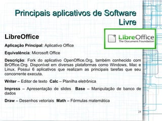 Principais aplicativos de Software
                                   Livre
LibreOffice
Aplicação Principal: Aplicativo Office
Equivalência: Microsoft Office
Descrição: Fork do aplicativo OpenOffice.Org, também conhecido com
BrOffice.Org. Disponível em diversas plataformas como Windows, Mac e
Linux. Possui 6 aplicativos que realizam as principais tarefas que seu
concorrente executa.
Writer – Editor de texto Calc – Planilha eletrônica
Impress – Apresentação de slides         Base – Manipulação de banco de
dados
Draw – Desenhos vetoriais Math – Fórmulas matemática

                                                                     25
 