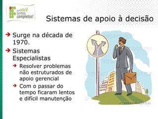 Sistemas de apoio à decisão
➔ Surge na década de
  1970.
➔ Sistemas
  Especialistas
  ➔ Resolver problemas
    não estruturados de
    apoio gerencial
  ➔ Com o passar do
    tempo ficaram lentos
    e difícil manutenção
 