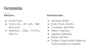 Ferramentas
Manuais
● Planilhas
● TestLink, HP ALM, IBM
Rational
● RedMine, JIRA, Trello,
Mantis
Automatizados
● Selenium, Watir
● JUnit, NUnit, TestNG
● Cucumber, SpecFlow
● RSpec, Capybara
● Appium, Robotium
● JMeter, SOAPUI
● Eclipse, Visual Studio, Editor de
Texto ou linha de comando
 