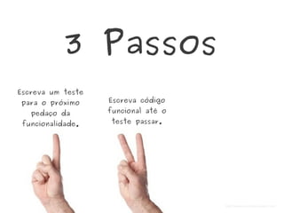 Escreva um teste
para o próximo
pedaço da
funcionalidade.
3 Passos
Escreva código
funcional até o
teste passar.
Refatore o código
novo (e antigo)
até ficar bem
estruturado.
http://www.pro-tools-expert.com
 
