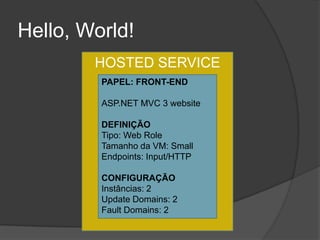 Hello, World!
         HOSTED SERVICE
          PAPEL: FRONT-END

          ASP.NET MVC 3 website

          DEFINIÇÃO
          Tipo: Web Role
          Tamanho da VM: Small
          Endpoints: Input/HTTP

          CONFIGURAÇÃO
          Instâncias: 2
          Update Domains: 2
          Fault Domains: 2
 
