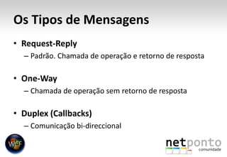 Os Tipos de MensagensRequest-ReplyPadrão. Chamada de operação e retorno de respostaOne-WayChamada de operação sem retorno de respostaDuplex (Callbacks)Comunicação bi-direccional