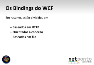 Os Bindings do WCFEm resumo, estão divididos emBaseados em HTTPOrientados a conexãoBaseados em fila