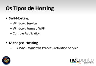Os Tipos de HostingSelf-HostingWindows ServiceWindows Forms / WPFConsole ApplicationManaged-HostingIIS / WAS - Windows Process Activation Service