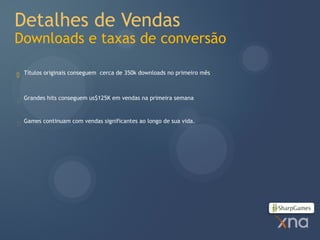 Detalhes de Vendas
Downloads e taxas de conversão

 Títulos originais conseguem cerca de 350k downloads no primeiro mês



 Grandes hits conseguem us$125K em vendas na primeira semana


 Games continuam com vendas significantes ao longo de sua vida.
 