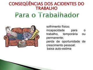CONSEQÜÊNCIAS DOS ACIDENTES DO
TRABALHO
sofrimento físico;
incapacidade para o
trabalho, temporária ou
permanente;
perda de oportunidade de
crescimento pessoal;
baixa auto-estima
 