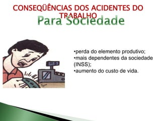 CONSEQÜÊNCIAS DOS ACIDENTES DO
TRABALHO
•perda do elemento produtivo;
•mais dependentes da sociedade
(INSS);
•aumento do custo de vida.
 