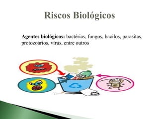 Agentes biológicos: bactérias, fungos, bacilos, parasitas,
protozoários, vírus, entre outros
 