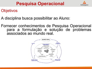 Objetivos
A disciplina busca possibilitar ao Aluno:
Fornecer conhecimentos de Pesquisa Operacional
para a formulação e solução de problemas
associados ao mundo real.
Pesquisa Operacional
 