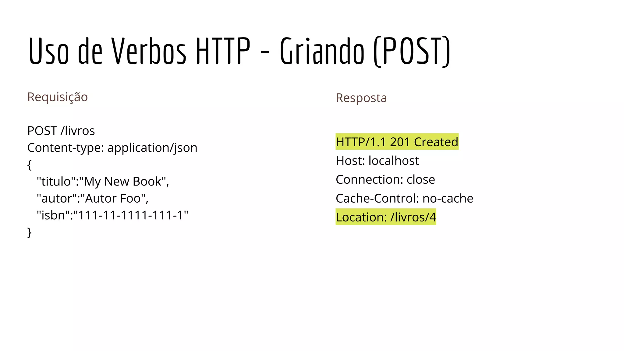 Uso de Verbos HTTP - Griando (POST)
Requisição
POST /livros
Content-type: application/json
{
"titulo":"My New Book",
"autor":"Autor Foo",
"isbn":"111-11-1111-111-1"
}
Resposta
HTTP/1.1 201 Created
Host: localhost
Connection: close
Cache-Control: no-cache
Location: /livros/4
 