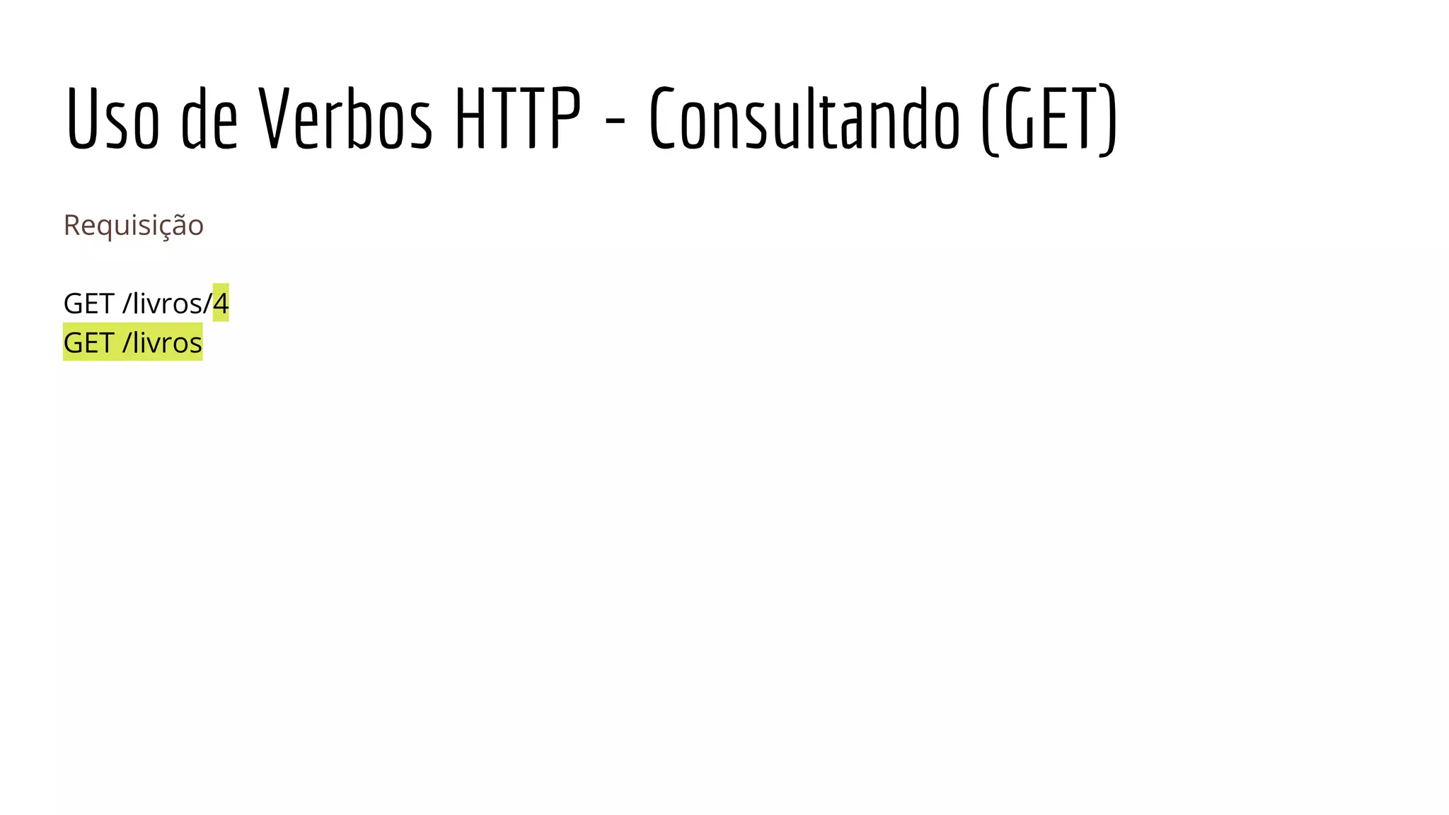 Uso de Verbos HTTP - Consultando (GET)
Requisição
GET /livros/4
GET /livros
 