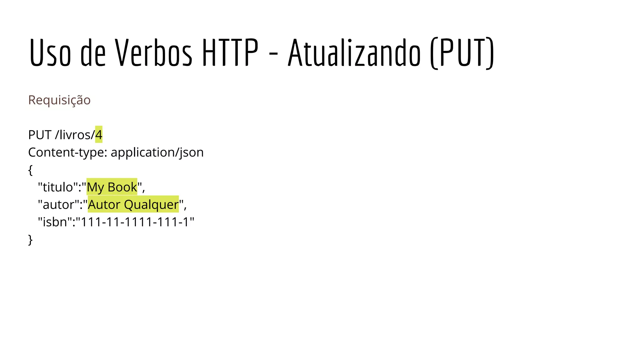 Uso de Verbos HTTP - Atualizando (PUT)
Requisição
PUT /livros/4
Content-type: application/json
{
"titulo":"My Book",
"autor":"Autor Qualquer",
"isbn":"111-11-1111-111-1"
}
 