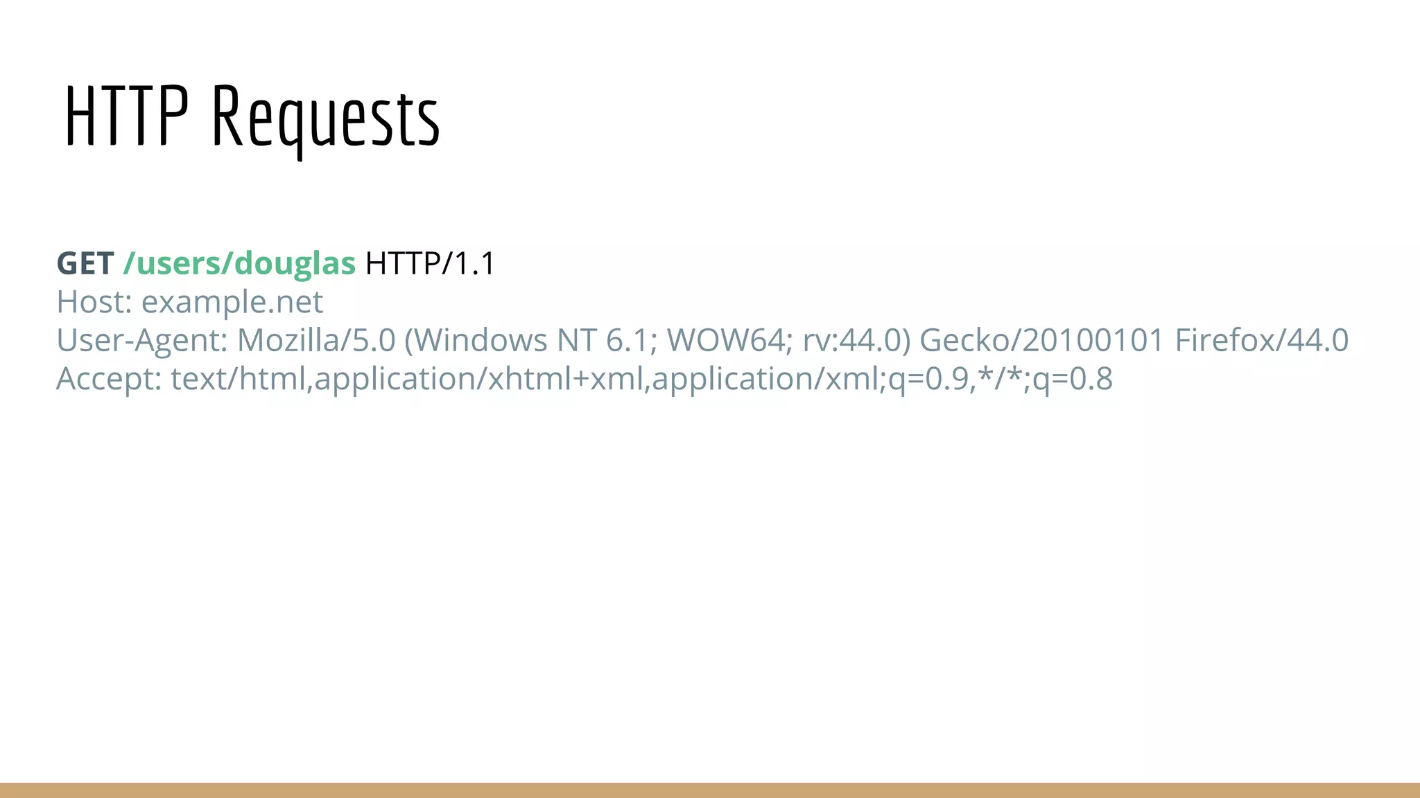 HTTP Requests
GET /users/douglas HTTP/1.1
Host: example.net
User-Agent: Mozilla/5.0 (Windows NT 6.1; WOW64; rv:44.0) Gecko/20100101 Firefox/44.0
Accept: text/html,application/xhtml+xml,application/xml;q=0.9,*/*;q=0.8
 