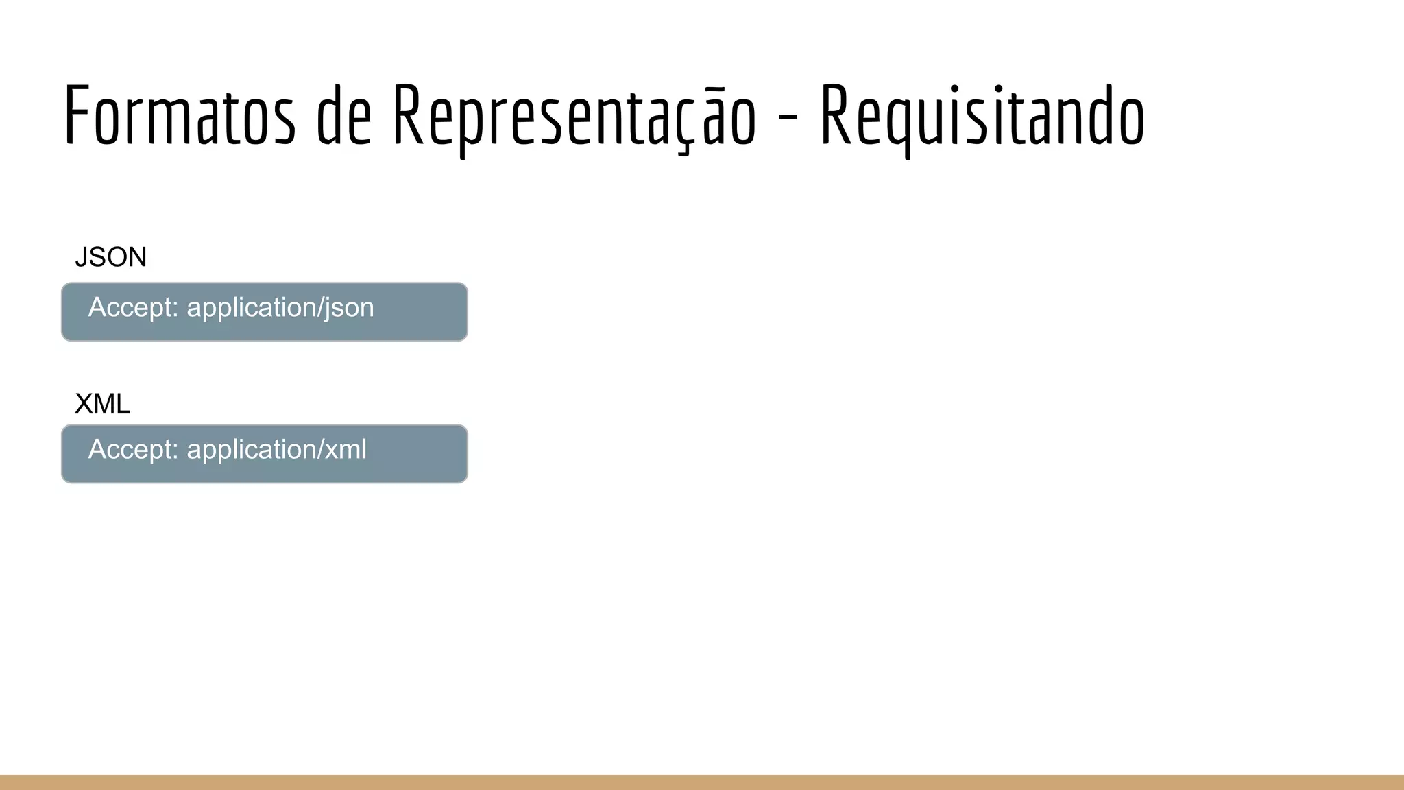 Formatos de Representação - Requisitando
Accept: application/json
Accept: application/xml
JSON
XML
 