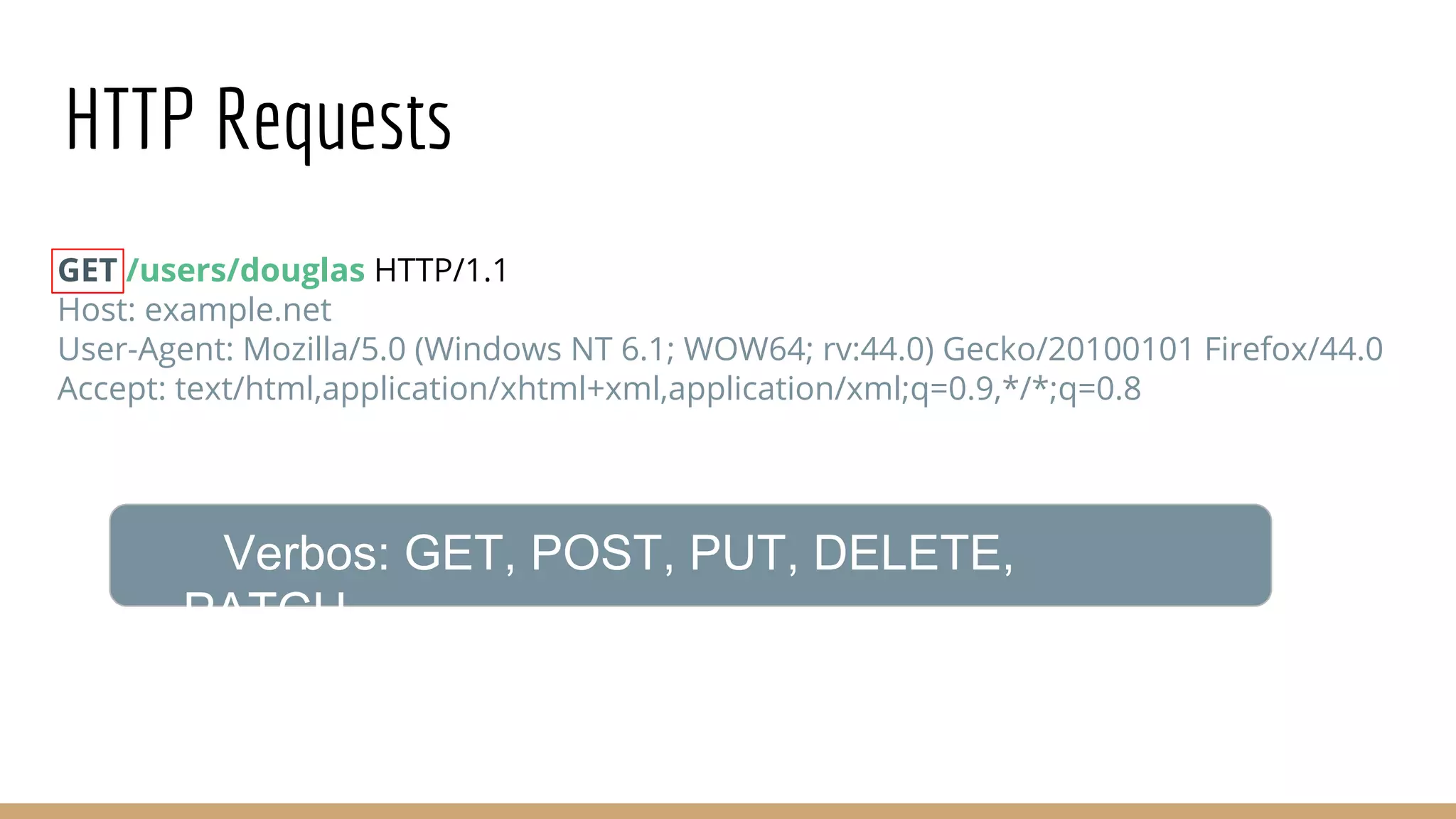 HTTP Requests
GET /users/douglas HTTP/1.1
Host: example.net
User-Agent: Mozilla/5.0 (Windows NT 6.1; WOW64; rv:44.0) Gecko/20100101 Firefox/44.0
Accept: text/html,application/xhtml+xml,application/xml;q=0.9,*/*;q=0.8
Verbos: GET, POST, PUT, DELETE,
PATCH
 
