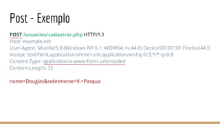 Post - Exemplo
POST /usuarios/cadastrar.php HTTP/1.1
Host: example.net
User-Agent: Mozilla/5.0 (Windows NT 6.1; WOW64; rv:44.0) Gecko/20100101 Firefox/44.0
Accept: text/html,application/xhtml+xml,application/xml;q=0.9,*/*;q=0.8
Content-Type: application/x-www-form-urlencoded
Content-Length: 32
nome=Douglas&sobrenome=V.+Pasqua
 