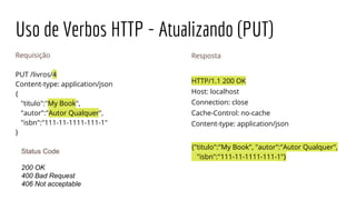 Uso de Verbos HTTP - Atualizando (PUT)
Requisição
PUT /livros/4
Content-type: application/json
{
"titulo":"My Book",
"autor":"Autor Qualquer",
"isbn":"111-11-1111-111-1"
}
Resposta
HTTP/1.1 200 OK
Host: localhost
Connection: close
Cache-Control: no-cache
Content-type: application/json
{"titulo":"My Book", "autor":"Autor Qualquer",
"isbn":"111-11-1111-111-1"}
Status Code
200 OK
400 Bad Request
406 Not acceptable
 