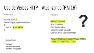Uso de Verbos HTTP - Atualizando (PATCH)
Requisição
PATCH /livros/4
Content-type: application/json
{
"autor":"Autor XPTO",
}
Resposta
HTTP/1.1 200 OK
Host: localhost
Connection: close
Cache-Control: no-cache
Content-type: application/json
{"titulo":"My Book", "autor":"Autor XPTO",
"isbn":"111-11-1111-111-1"}
Status Code
200 OK
400 Bad Request
406 Not acceptable
 