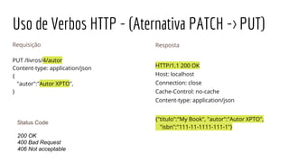 Uso de Verbos HTTP - (Aternativa PATCH -> PUT)
Requisição
PUT /livros/4/autor
Content-type: application/json
{
"autor":"Autor XPTO",
}
Resposta
HTTP/1.1 200 OK
Host: localhost
Connection: close
Cache-Control: no-cache
Content-type: application/json
{"titulo":"My Book", "autor":"Autor XPTO",
"isbn":"111-11-1111-111-1"}
Status Code
200 OK
400 Bad Request
406 Not acceptable
 