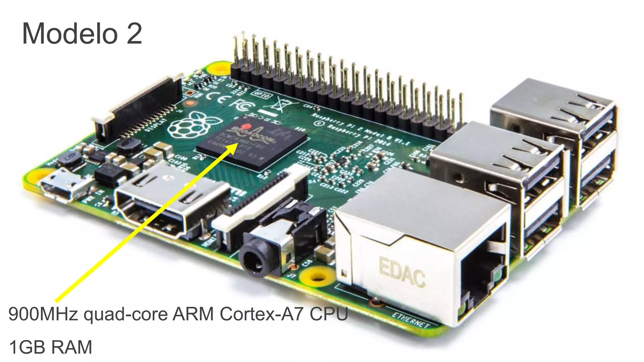 Modelo 2
900MHz quad-core ARM Cortex-A7 CPU
1GB RAM
 