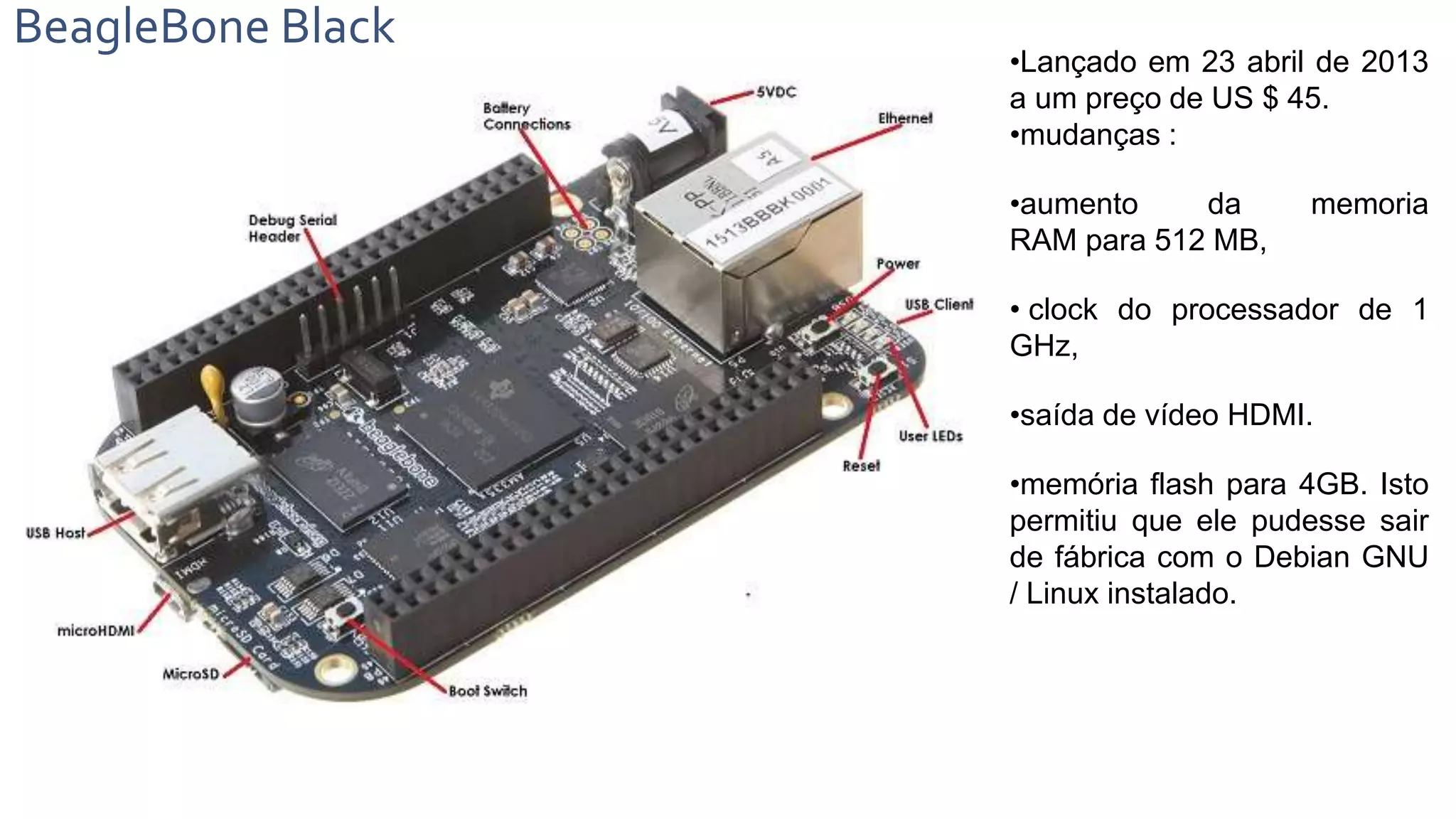 BeagleBone Black
•Lançado em 23 abril de 2013
a um preço de US $ 45.
•mudanças :
•aumento da memoria
RAM para 512 MB,
• clock do processador de 1
GHz,
•saída de vídeo HDMI.
•memória flash para 4GB. Isto
permitiu que ele pudesse sair
de fábrica com o Debian GNU
/ Linux instalado.
 