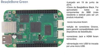 BeagleBone Green •Lançado em 19 de junho de
2015.
•Clone da BeagleBone Black. Foi
aproveitado todos os
componentes do BBB (mais
resistente e estável para ser um
produto industrial)
novos recursos foram:
•adição de conectores Groove,
para garantir compatibilidade com
dispositivos da SeedStudio;
•conectores Jack e HDMI foram
removidos;
•alimentação mini USB foi trocada
por uma micro USB.
 