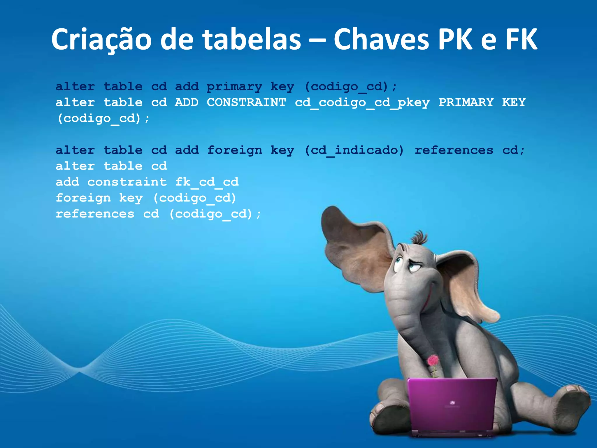 Criação de tabelas – Chaves PK e FK
alter table cd add primary key (codigo_cd);
alter table cd ADD CONSTRAINT cd_codigo_cd_pkey PRIMARY KEY
(codigo_cd);
alter table cd add foreign key (cd_indicado) references cd;
alter table cd
add constraint fk_cd_cd
foreign key (codigo_cd)
references cd (codigo_cd);
 