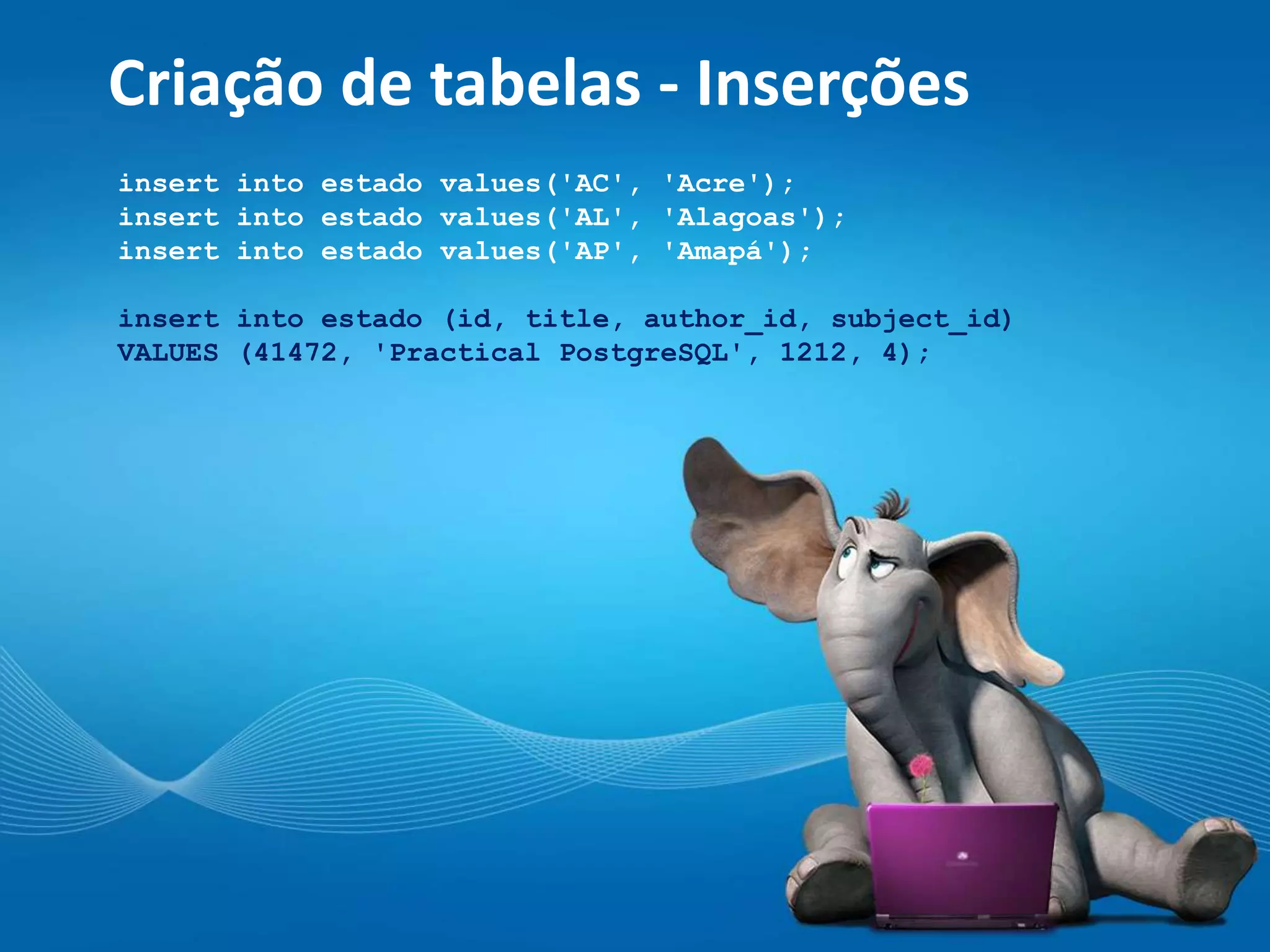 Criação de tabelas - Inserções
insert into estado values('AC', 'Acre');
insert into estado values('AL', 'Alagoas');
insert into estado values('AP', 'Amapá');
insert into estado (id, title, author_id, subject_id)
VALUES (41472, 'Practical PostgreSQL', 1212, 4);
 