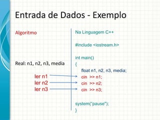 Entrada de Dados - Exemplo
Algoritmo                 Na Linguagem C++

                          #include <iostream.h>

                          int main()
Real: n1, n2, n3, media   {
                              float n1, n2, n3, media;
         ler n1               cin >> n1;
         ler n2               cin >> n2;
         ler n3               cin >> n3;


                          system(“pause");
                          }
 