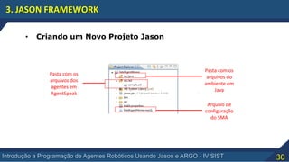 30Introdução a Programação de Agentes Robóticos Usando Jason e ARGO - IV SIST
3. JASON FRAMEWORK
• Criando um Novo Projeto Jason
Pasta com os
arquivos dos
agentes em
AgentSpeak
Pasta com os
arquivos do
ambiente em
Java
Arquivo de
configuração
do SMA
 