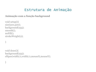 Estrutura de Animação
Animação com a função background
void setup(){
size(500,500);
background(255);
smooth();
noFill();
strokeWeight(2);
}
void draw(){
background(255);
ellipse(width/2,width/2,mouseX,mouseY);
}
 