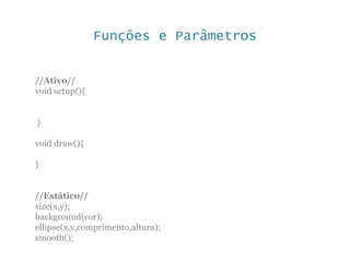 Funções e Parâmetros
//Ativo//
void setup(){
}
void draw(){
}
//Estático//
size(x,y);
background(cor);
ellipse(x,y,comprimento,altura);
smooth();
 