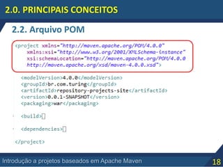 18Introdução a projetos baseados em Apache Maven
2.2. Arquivo POM
2.0. PRINCIPAIS CONCEITOS
 