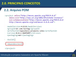 21Introdução a projetos baseados em Apache Maven
2.2. Arquivo POM
2.0. PRINCIPAIS CONCEITOS
 