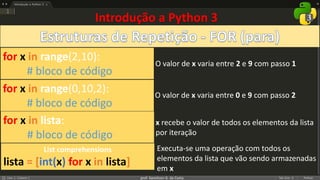 prof. Gemilson G. da Costa
Introdução a Python 3
for x in range(2,10):
# bloco de código
for x in range(0,10,2):
# bloco de código
for x in lista:
# bloco de código
List comprehensions
lista = [int(x) for x in lista]
O valor de x varia entre 2 e 9 com passo 1
O valor de x varia entre 0 e 9 com passo 2
x recebe o valor de todos os elementos da lista
por iteração
Executa-se uma operação com todos os
elementos da lista que vão sendo armazenadas
em x
 