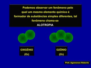 Podemos observar um fenômeno pelo
qual um mesmo elemento químico é
formador de substâncias simples diferentes, tal
fenômeno chama-se
ALOTROPIA

OXIGÊNIO

OZÔNIO

(O2)

(O3)
Prof. Agamenon Roberto

 