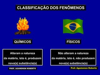 CLASSIFICAÇÃO DOS FENÔMENOS

QUÍMICOS

FÍSICOS

Alteram a natureza
Alteram a natureza

Não alteram a natureza
Não alteram a natureza

da matéria, isto é, produzem
da matéria, isto é, produzem

da matéria, isto é, não produzem
da matéria, isto é, não produzem

nova(s) substância(s)
nova(s) substância(s)

nova(s) substância(s)
nova(s) substância(s)

PROF. AGAMENON ROBERTO

Prof. Agamenon Roberto

 