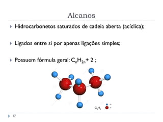 Alcanos
17
 Hidrocarbonetos saturados de cadeia aberta (acíclica);
 Ligados entre si por apenas ligações simples;
 Possuem fórmula geral: CnH2n+ 2 ;
 