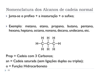 Nomenclatura dos Alcanos de cadeia normal
19
 Junta-se o prefixo + a insaturação + o sufixo;
 Exemplo: metano, etano, propano, butano, pentano,
hexano, heptano, octano, nonano, decano, undecano, etc.
Prop = Cadeia com 3 Carbonos;
an = Cadeia saturada (sem ligações duplas ou triplas);
o = Função: Hidrocarboneto
 