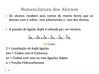 Nomenclatura dos Alcenos
24
 Os alcenos recebem seus nomes da mesma forma que os
alcanos, com o sufixo –eno substituindo o –ano dos alcanos.
 A posição da ligação dupla é indicada por um número.
2 = Localização da dupla ligação;
hex = Cadeia com 6 Carbonos;
en = Cadeia com uma ou mais ligações duplas;
o = Função: Hidrocarboneto.
 
