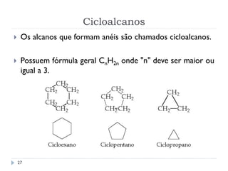 Cicloalcanos
27
 Os alcanos que formam anéis são chamados cicloalcanos.
 Possuem fórmula geral CnH2n onde "n" deve ser maior ou
igual a 3.
 